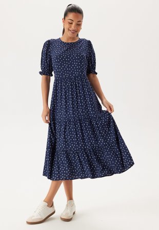 Happy Holly Puff Sleeve Viscose Midi Dress Dark blue/Patterned 52/54