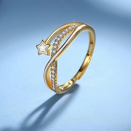 (Guld) 925 Silver Damring Dam Meteor Sigill Ring Set Zirkon Justerbar Storlek Födelsedag Julklapp