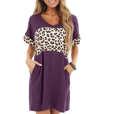 Dam Casual Leopard Kortärmad T-shirt Klänning Dam Sommar L