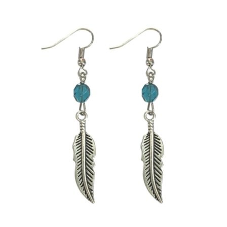 Earrings - Feather - Bead - Petrol