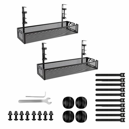 Kabelhanteringsbricka för skrivbord, ingen borrning, metallnätkabelorganiserare med klämfäste för hemmakontor och ståbord (2 st, svart)