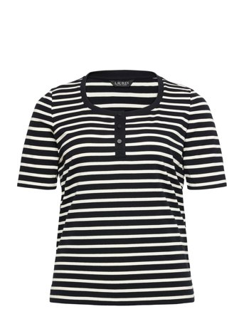 Striped Elbow-Sleeve Henley Top Tops T-shirts & Tops Short-sleeved Black Lauren Women