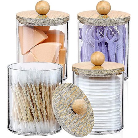 4-pakks Q-tips-holderdispenser, 10 oz klare plastbeholdere i apotek-stil for sminkeorganisering på sminkbordet