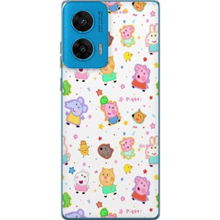 Kompatibel Mobilcover til Motorola G96 Farverige tegneserie dyrekarakterer i en legende stil med stjerner og prikker på en lys baggrund