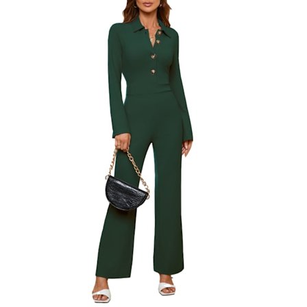 Fashionabla raka ben jumpsuit för damer med nedknäppt krage enfärgad XL grön