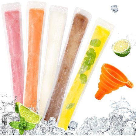 Engangs-ispindeforme (100 stk.) med lynlås til sunde snacks, yoghurtbarer, juice og smoothies med gratis tragt (11"x2")