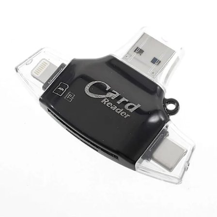 4-i-1 SD/TF-kortleser USB-kortleser med Lightning 8-pin/Micro USB/Type-C/USB2.0-kontakt - Svart