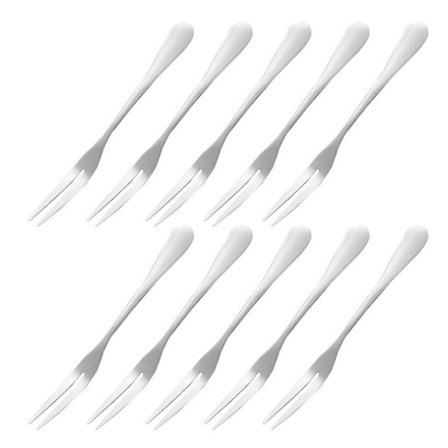 Små gafflar i rustfritt stål for cocktail-appetittvekkere, dessertfester, 10 deler, 2-tann fruktgaffel