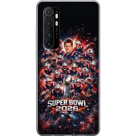 Yhteensopiva Puhelinkuori Xiaomi Mi Note 10 Lite Super Bowl 2026 juliste, jossa New England Patriots ja NFL-mestaruuspalkinto räjähtävän urheilullises