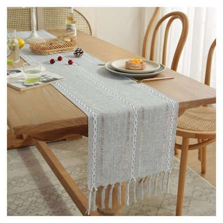 Bordslöpare Makramé med Tofsar, Vintage Bordslöpare för Modernt Matbord i Bondgårdsstil (Grå 33x228cm)
