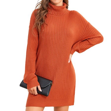 Kvinnors Turtleneck Stickad Klänning Höst Vinter Casual Lös Lång Puffärm Ribbstickad Pullover Klänning Ljus Kaffe M