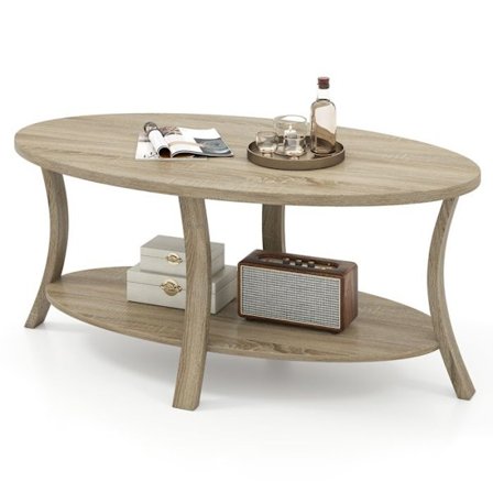Ovall låg bord med 2 nivåer COSTWAY, Gummiträ låg bord, Förvaringshylla, Låg bord för vardagsrum belastning 160 kg, Naturlig