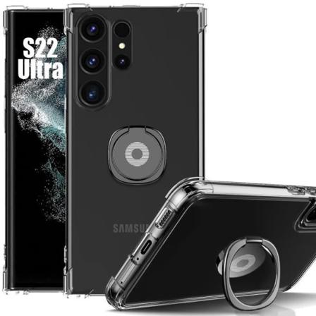 Fodral till Samsung Galaxy S22 Ultra - Transparent Stötsäker med justerbar ringhållare Svart transparent-svart