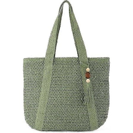 Dame Halm Skulderveske Sommer Halmvevd Stor Tote Bag Håndveske for Strandferie (Grønn)