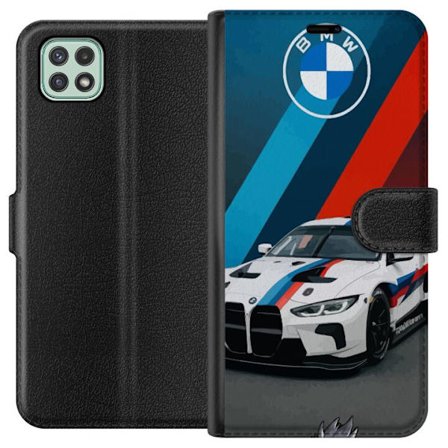 Kompatibelt Plånboksfodral till Samsung Samsung Galaxy A22 5G BMW M Sport design med vit racingbil och klassiska M ränder exklusivt bilmotiv perfekt