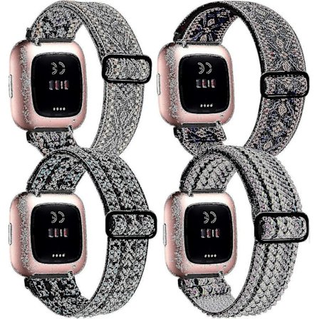4-pack Justerbara Elastiska Band Kompatibla med Fitbit Versa 2 / Versa / Versa Lite, Mjuka Loop Nylontyg Andningsbara Elastiska Ersättningsband för V