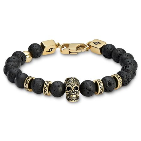 Rico | Pulsera de calavera de acero inoxidable dorado y piedras de lava para hombres - Pulseras de acero