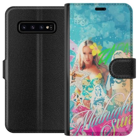 Yhteensopiva Lompakkokotelo Samsung Galaxy S10 Seikkailumaailma Steve, Creeper ja eläimillä värikkäässä palikkagrafiikassa