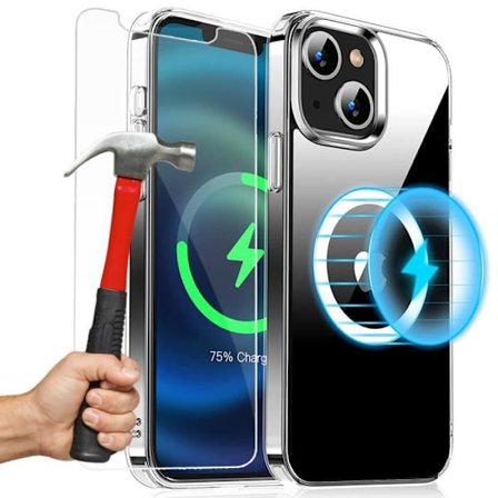 Coque för iPhone 13 - E.F.CONNECTION - Transparent - MagSafe - 2 härdade glas - Mjuk