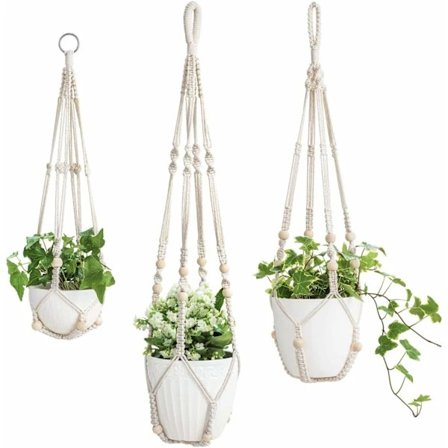 3-pack Makramé Växthängare Inomhus Hängande Planteringskorg Blomkrukshållare Bomullsrep med Pärlor Inga Krukor, 58cm/73cm/89cm, krukor ingår ej[XJ]