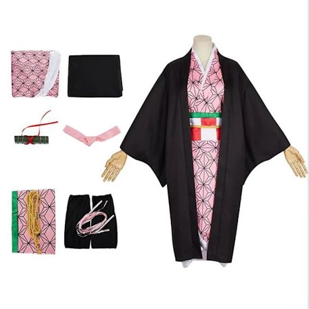 Demon Slayer Kamado Nezuko Cosplay set med presenter av bambu rekvisita