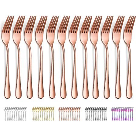 Rosaguld bestik, 12 stykker, rosaguld titanbelagt rustfrit stål, 20,5 cm, kagegafler, bordgafler, dessertgafler, lette at rengøre