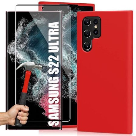 Cover til Samsung Galaxy S22 Ultra - Rød - Stødabsorberende - 2 Tempered Glass - Mat - Stiv