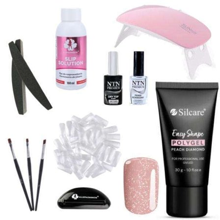 11 stk Acryl Gel - Poly Builder Gel Kit med Led lampe - Fersken diamant