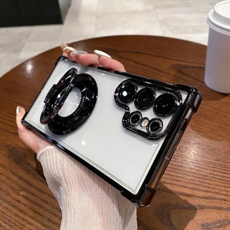 Four Corners Anti Drop Transparent Elektropläterat Magnetiskt Ställ Skyddsfodral kompatibelt Samsung Galaxy S25 S24 S23 S22 Ultra Plus FE