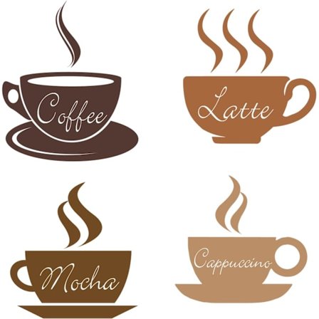 1 set med 4 kaffeklistermärken för latte, mocha, cappuccino och bruna väggar - avtagbara vinyldekaler för kök, kafé, bar och vardagsrum