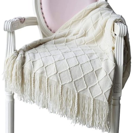 Mjuk Stickad Ullfilt med Fransar - Mysig Filt för Soffa, Säng - Beige 125 X 210cm