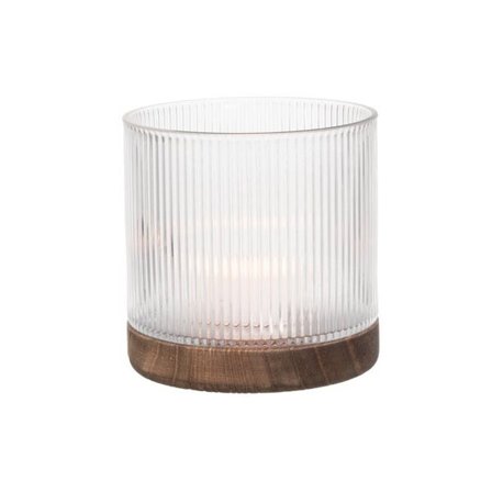 Lyslykt Vekki i glass med riflet overflate og detaljer i tre - 14 cm