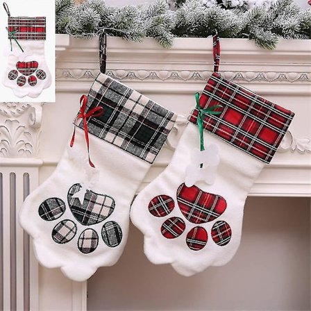 Dog Paw Christmas Stocking Embroidered Plaid Puppy Paw Xmas Stocking