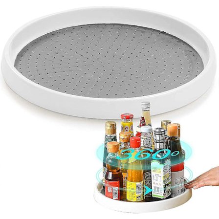 Roterande skåporganisatör, roterande kryddhylla för köksförvaring och organisation, halkfri kryddhållare, vit plastförvaringsbricka