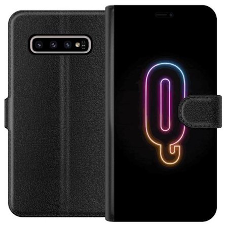 Kompatibelt Plånboksfodral till Samsung Samsung Galaxy S10+ Minimalistisk neonbokstav Q i lysande färger mot mörk bakgrund