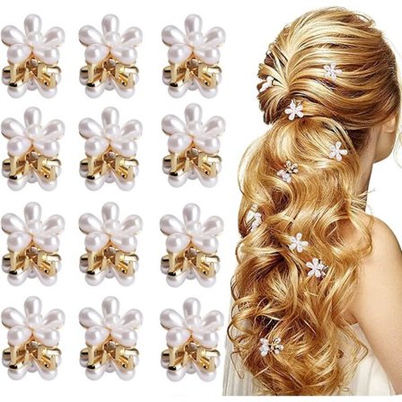 12 st Mini Hårklämmor i Blomform med Pärlor Mini Spännen, ZQKLA