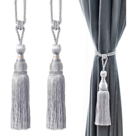 1 par handgjorda gardinomtag med tofsar och band, dekorativa pompoms för vardagsrum, sovrum, bibliotek, hotell