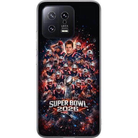 Yhteensopiva Puhelinkuori Xiaomi 13 Super Bowl 2026 juliste, jossa New England Patriots ja NFL-mestaruuspalkinto räjähtävän urheilullisessa suunnittel