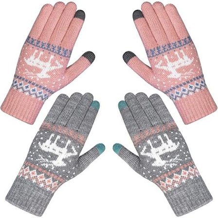 2 par dame vinter touch screen handsker varme strikkede termiske handsker tyk plysforing håndledshandsker touchscreen, grå/pink