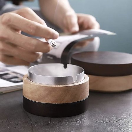 Askebæger til udendørs brug med låg, vindaskebæger til udendørs altan, askebæger i rustfrit stål + træ, lugtfri til indendørs og udendørs brug