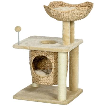 Rootz Cozy Chic Cat Tree - Elegant Feline Tower - Flätad Reed Coaching - Plyschöverdrag - Skrapstolpar - Sisal - 45cm x 40cm x 74cm
