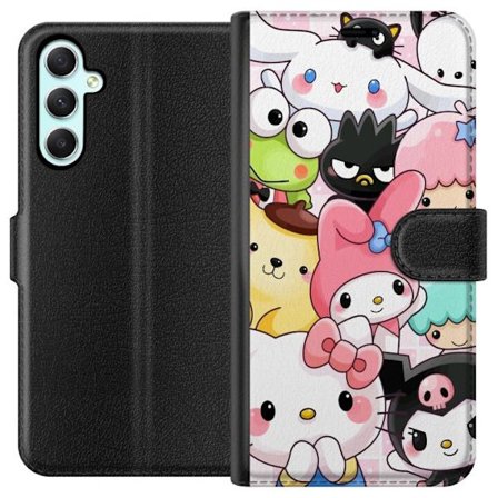 Kompatibelt Lommeboketui til Samsung Galaxy A34 Tett mønster av søte figurer med store øyne i ulike farger og uttrykk med LABUBU-tekst