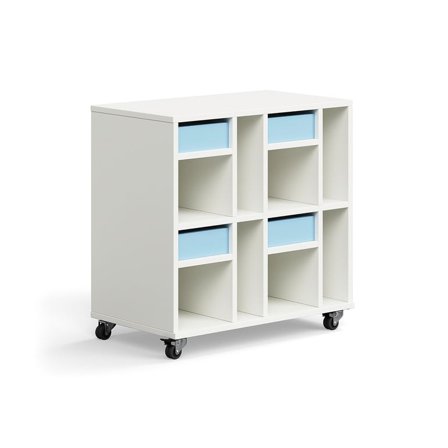 Regał szkolny CASPER, 4 szuflady, 8 przegród, biały, błękitny