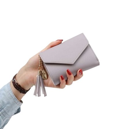 Liten grå plånbok dam läder läderkedja tofs guld grå