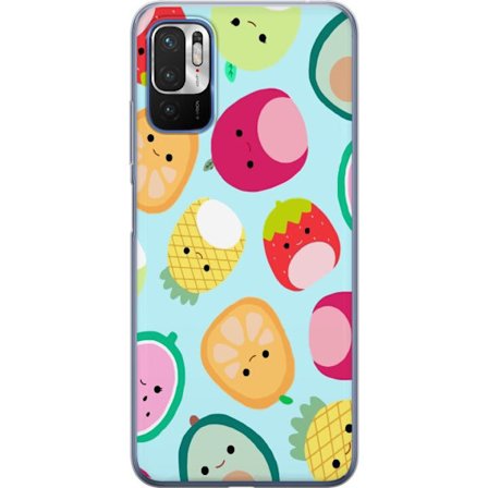 Kompatibel Mobilcover til Xiaomi Redmi Note 10 5G Mønster af kawaii frugter som jordbær citron ananas og avocado på lyseblå baggrund