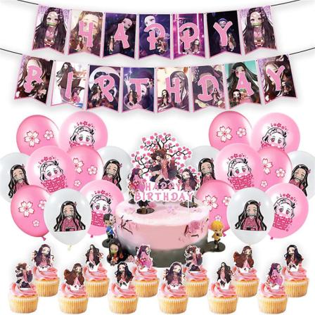 Demon Slayer Nezuko Tema Födelsedagsfest Dekorationer Banner Tårta Cupcake Toppers Ballonger Set