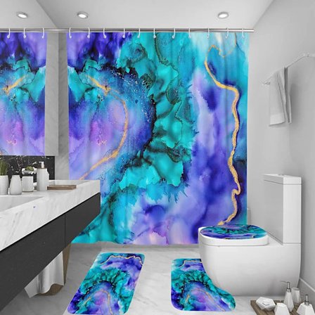 4 Moderna Marmor Duschdraperier, Badrum Set, Lyxigt Badrum Gardiner Dekor Set, Abstrakt Lackerad Vattentät Tyg Duschdraperier, Halkskyddad Matta, 