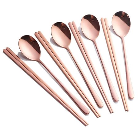 Genanvendeligt spisepindesæt i metal, rustfrit stål, spisepinde, ske, julegave, rosaguld