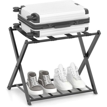 COSTWAY Porte til Kuffert / Sammenklappelig Bagage, 2 Etager - 4 Opbevaringsremme i Metal til Værelset, Hjemmet, Hotellet Sort