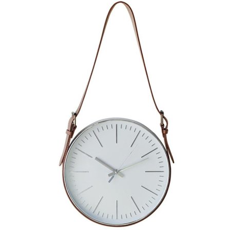 Väggklocka silver Index med läderbälte
